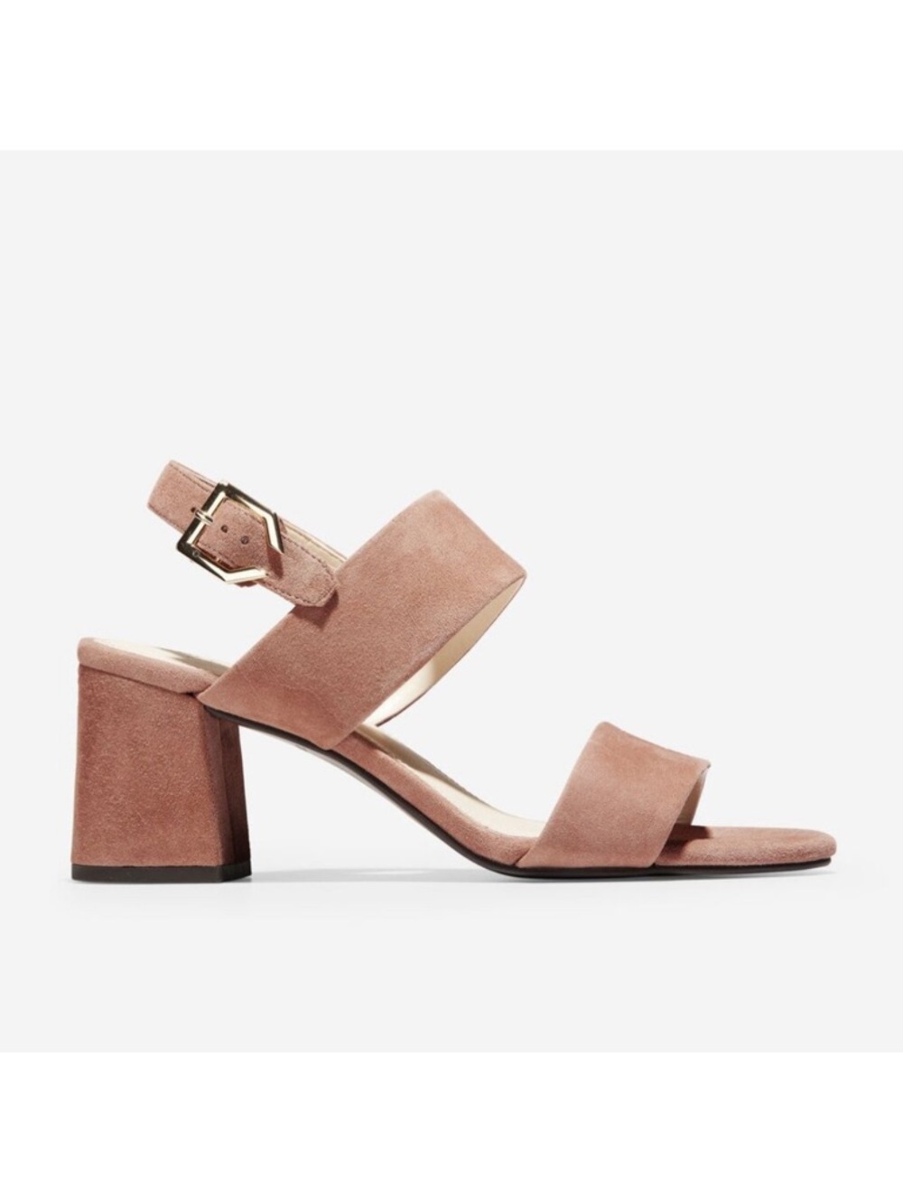 Cole Haan Blush Suede Block Heel Sandal with Gold Buckle